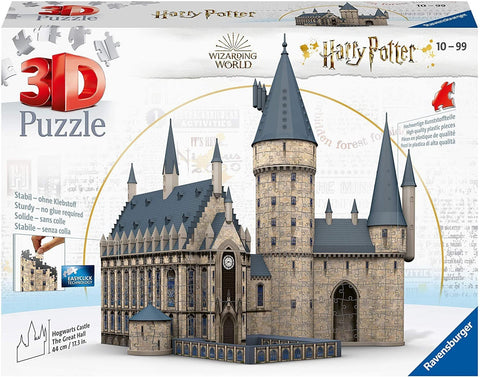 Hogvarto pilies 3D dėlionė Ravensburger, surinkta 44 cm modelis su pilkais stogais ir bokštais, pakuotės priekinis kampas