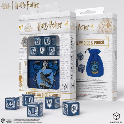 Ravenclaw kauliukai su namų herbu ir mėlynas maišelis, komplektas: penki dekoruoti d6 kauliukai ir firmine dėžute