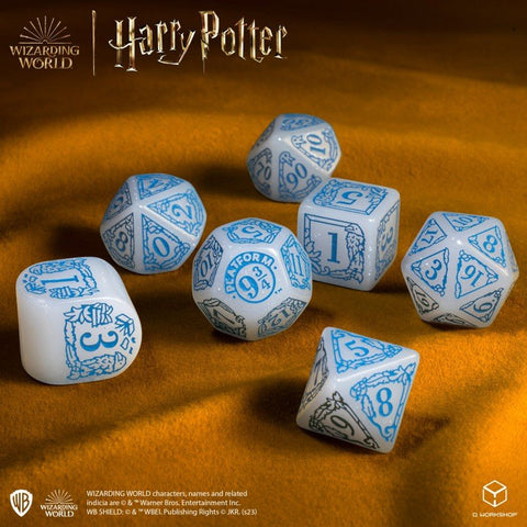 RPG kauliukai Harry Potter balti su mėlynomis skaičių detalėmis, 7 dalių rinkinys, centre 9¾ (Platform 9¾) emblema