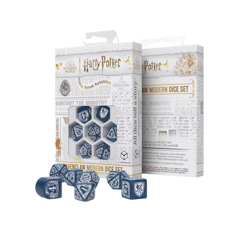 Ravenclaw kauliukai, mėlyni su sidabriniais ženklais ir skaičiais, komplekte 7 RPG daugiafacių kauliukų su pakuote