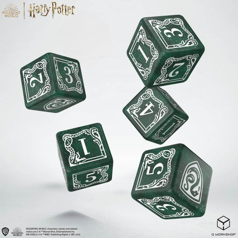 D6 kauliukai Harry Potter stiliaus, tamsiai žali su baltais ornamentais ir blizgiomis dėmėmis, rinkinys iš penkių matomų kampų