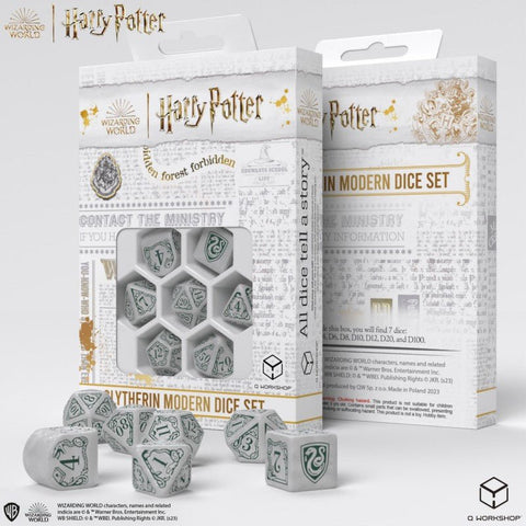 Slytherin kauliukų rinkinys Harry Potter, žalsvai pilki 7 dalių RPG kauliukai su dekoratyvia pakuote ir išdėstymu