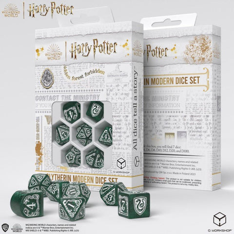 Slytherin kauliukų rinkinys, žali perlamutriniai RPG kauliukai (d4–d6–d8–d10–d12–d20) pakuotėje su matomu langu