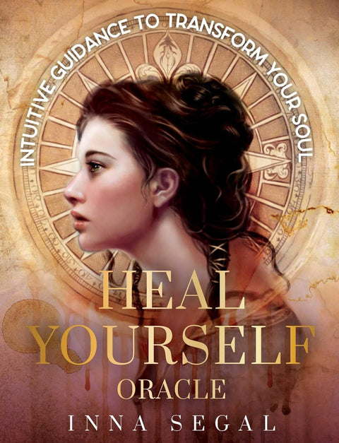 Oracle kortos Heal Yourself aut. Inna Segal, profilio moters portretas ant aukso kompaso fono ir dideli auksiniai užrašai
