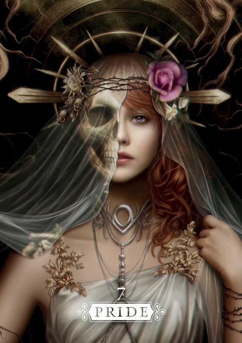 Tarot korta Pride, gotikinė moters iliustracija su pusiau kaukole veide, rausva rože vainike, permatomu šydu ir aukso detalėmis, skirtas 7 kortos variante