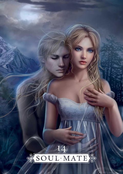 tarot korta 14 Soul Mate, mėlyna naktinė paletė, vertikalus portretas, atvaizduoja eterinę porą ir intymų prisilietimą, unikalus variantas tarp kortų