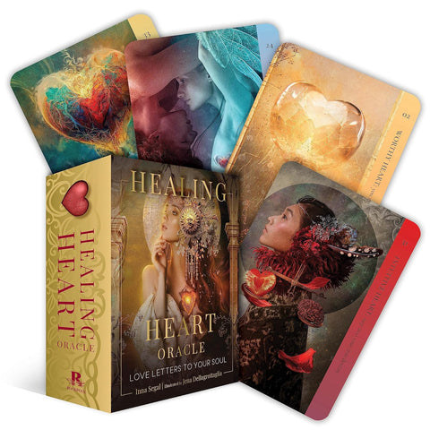 Healing Heart oracle kortos, dėžutė su atverstu spalvotu kortų ventiliatoriumi ir iliustruotomis gydančios širdies temomis