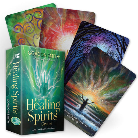 Healing Spirits orakulo kortos (Gordon Smith) žalia dėžutė su 48 kortų rinkinį ir penkios spalvingos, kosmines iliustracijas turinčios kortos, atveriančios piktogramas ir seriją variantų galerijoje