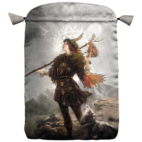 Maišelis su raišteliu, iliustracija keliautojos su vainiku ir vilku ant pilko fono, skirtas smulkiems daiktams