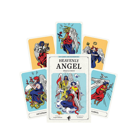 Angelų kortos Heavenly Angel — spalvota dėžutė su penkiomis iliustruotomis angelų kortomis fane, matomi Metatron ir Gabriel