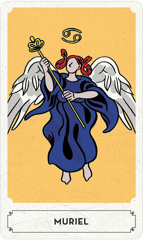 Tarot korta Muriel — vertikali korta su angelu dėvinčiu mėlyną suknelę ir baltais sparnais ant geltono fono, detalus priekinis planas