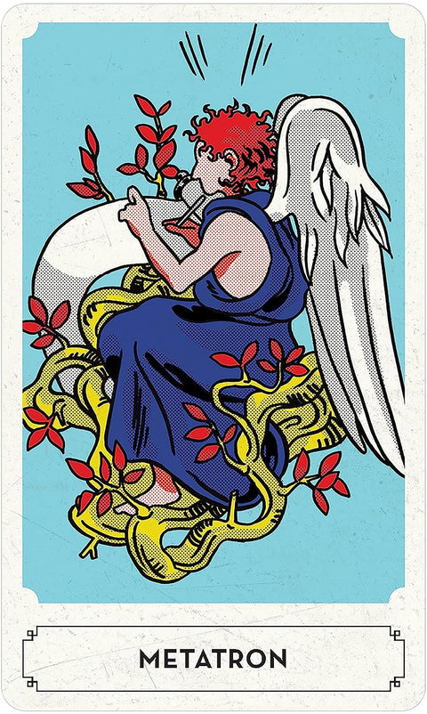 Tarot korta Metatron, poparto stiliaus mėlynas fonas, baltos angelų sparnai ir raudoni akcentai, priekinis kortos variantas parduotuvėje