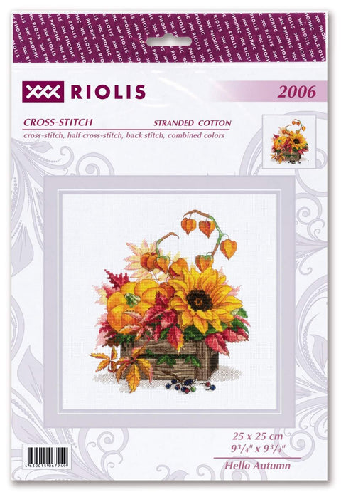 Kryželių rinkinys Riolis Hello Autumn, 25×25 cm — rudeninė kompozicija su saulėgrąža, moliūgais ir medine dėžute siuvimui