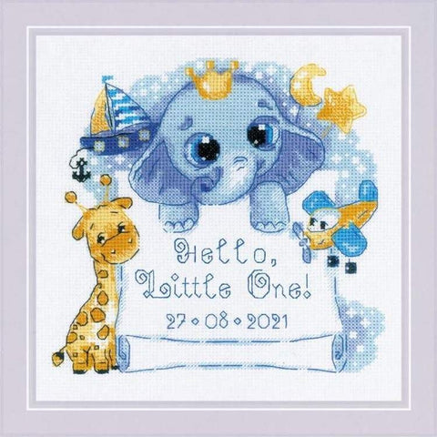 kūdikių gimimo plakatas mėlynas su drambliuku ir žirafa, personalizuojamas datai, rėmuotas 30×30 cm