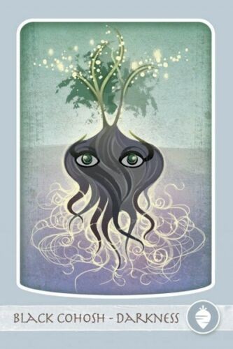 tarot korta Black Cohosh — tamsos tema: stilizuotas augalas su žalia akimis, vingiuotomis šaknimis ir švytinčiais žiedų taškais