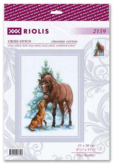 Kryželių siuvinėjimo rinkinys Riolis, 21×30 cm, rudas arklys su šuniu sniege prie eglės, pakuotės priekinė dalis