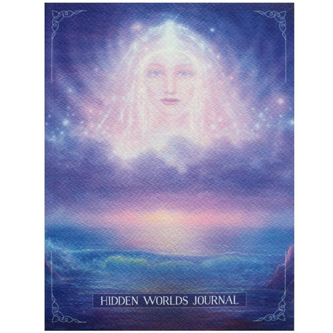 Sąsiuvinis Hidden Worlds Journal su rausvai‑violetine eterinio moters veido virš jūros iliustracija, priekis