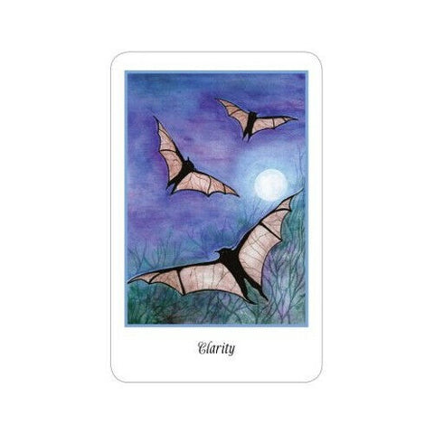 Taro korta „Clarity“ su skraidančiomis šikšnosparnėmis ir mėlynos‑violetinės nakties mėnulio iliustracija