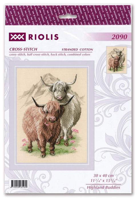 Kryželių rinkinys Riolis — 30 x 40 cm, du Highland galvijai (rudas ir kremas) stovintys kalnų fone su gėlėmis