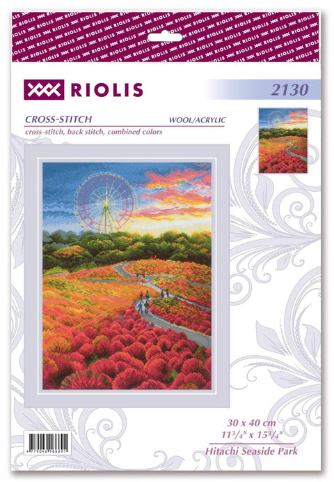 Siuvinėjimo rinkinys Riolis 30×40 cm — Hitachi pajūrio parko scena su apžvalgos ratu ir ryškiomis raudonomis pievomis