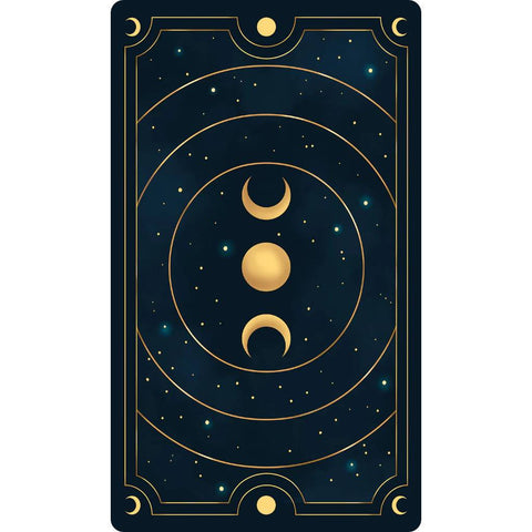 Tarot korta tamsiai mėlyna nugarėlė su auksinėmis mėnulio fazėmis ir koncentriškais žiedais, vertikalus vaizdas