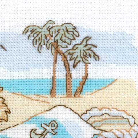 Siuvinys paplūdimio motyvas su palmėmis ir inkaro detalėmis, pastelinių mėlynos, smėlio ir jūros tonų, 30×30 cm sienai