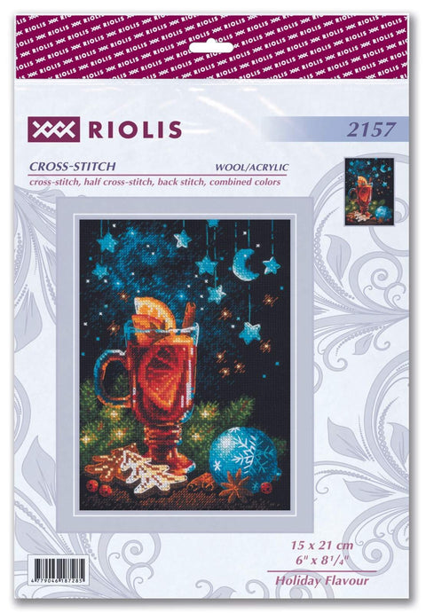 Kryželių rinkinys Riolis 15×21 cm, šventinis motyvas su raudonu karštu gėrimu, mėlyna žvaigždėta fone ir eglutės burbulu