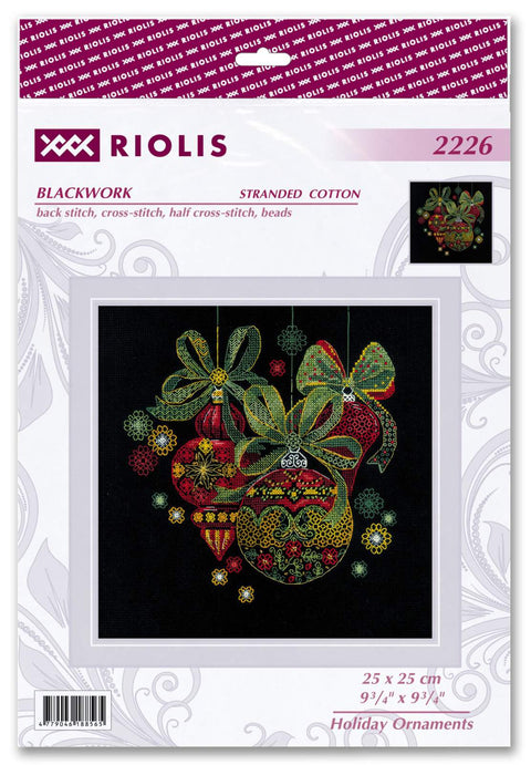 Kryželių rinkinys Riolis — juodo audinio Kalėdiniai žaisliukai raudonai–žaliomis siūlų detalėmis, 25×25 cm, su karoliukais