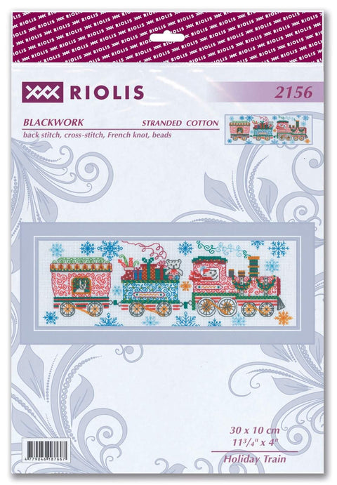 Kryželių rinkinys Riolis Holiday Train 30×10 cm, spalvotas kalėdinis traukinukas su dovanomis ir snaigėmis, Blackwork raštas