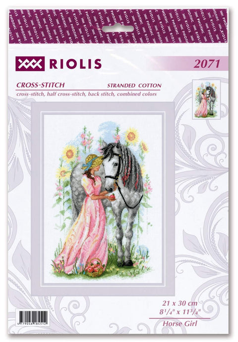 Siuvinėjimo rinkinys Riolis 21×30 cm „Horse Girl“ – rožinė mergaitė prie pilko arklio, pakuotė su schema ir siūlais