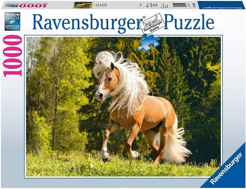 Dėlionė Ravensburger 1000 detalių, motyvas bėgantis palomino žirgas pievoje, pakuotės priekinė dalis