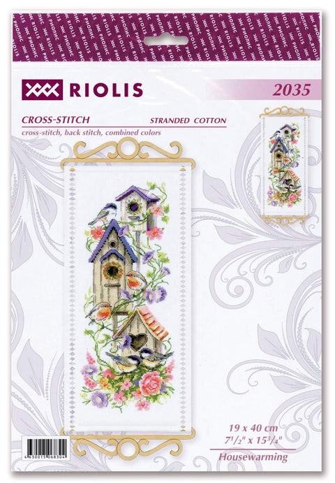 Kryželių rinkinys Riolis, vertikalus paukščių namukų motyvas su violetinėmis detalėmis ir rožėmis, 19×40 cm