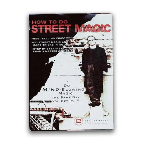 Magijos mokymo DVD How to Do Street Magic — priekinis viršelis juodai baltas su ryškiu raudonu pavadinimu, stovinčio atlikėjo siluetas
