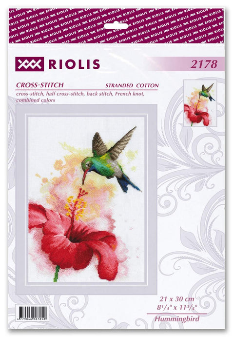 Kryželių rinkinys Riolis — kolibris ir raudona gėlė, 21×30 cm pakuotės priekinė dalis su siūlų spalvų pavyzdžiu