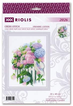 Kryželių komplektas Riolis Hydrangea Garden 30×40 cm, pastelinės hortenzijos, medvilniniai siūlai, audinys ir detalios instrukcijos