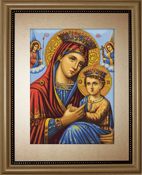 ikona Mergelė Marija su Kūdikiu, kryželiu siuvinėta, auksinis rėmas, artimas planas, 30×40 cm