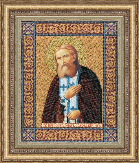 Ikona religinė, siuvinėta karoliukais, auksiniu rėmu, portreto formato, skirta altoriui arba dovanai