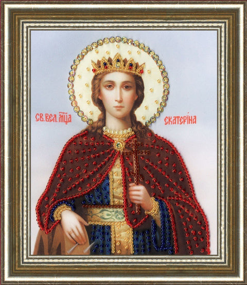 Religinė ikona Šv. Kotrynos, rėminė 20×25 cm, ornamentuota raudonais ir auksiniais karoliukais, akcentuota karūna