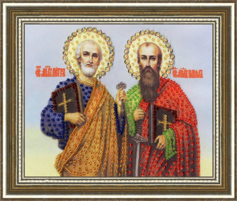 Ikona su karoliukų aplikacija: du šventieji, įvairiaspalvės karoliukės ir auksuotas rėmas, frontinis vaizdas, 30×25 cm
