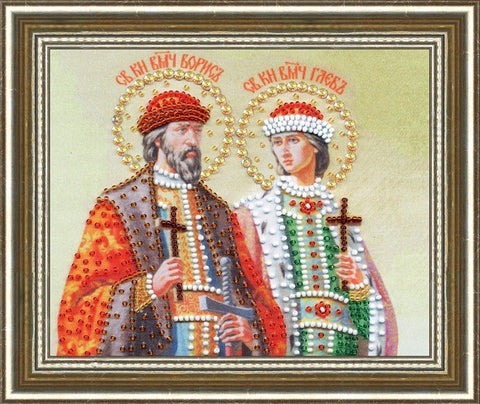 ikona rėmuota su spalvotais karoliukų aplikacijomis ir aukso ornamentu, 30×40 cm, skirta namų altoriui