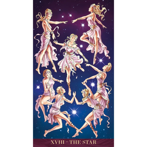 tarot korta Žvaigždė, vertikalus pilnas piešinys: septynios moterys rožinėse suknelėse tarp ryškių žvaigždžių fone