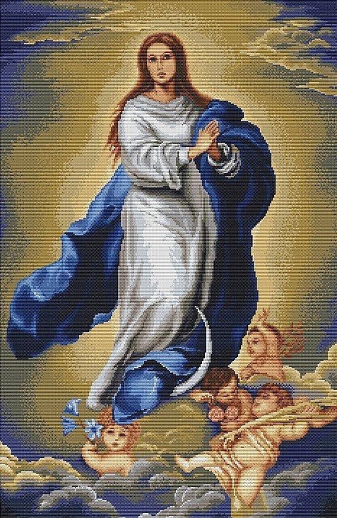 Siuvinėjimo rinkinys Nepaliaujamosios Mergelės Marijos — mėlynos ir baltos spalvos, 40×60 cm, vertikalus variantas su angeliukais