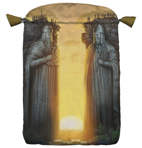 Maišelis su spauda: dvikaralių statulos prieš saulę, aukso šviesos vertikalus akcentas priekinėje pusėje