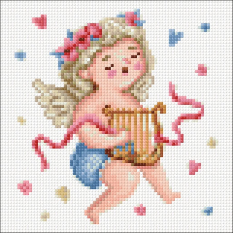 Deimantinė tapyba: pastelinė kerubinė figūra su lira ir rausvais bei mėlynais akcentais, 30×30 cm kūrybinis rinkinys
