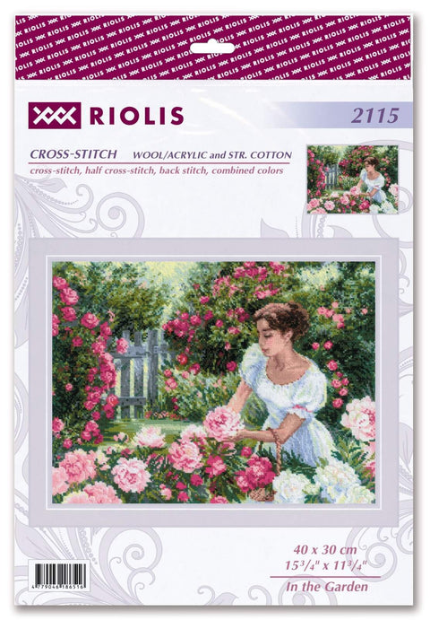 Kryželių rinkinys Riolis „In the Garden“, 40×30 cm, rožių sodas su moterimi, ryškiai rausvai–žalios spalvos paletė