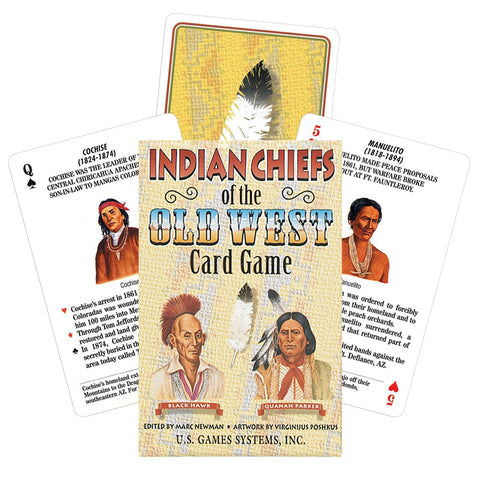 Kortų žaidimas Indian Chiefs — U.S. Games Systems dėžutė priekyje ir trys atverstos kortos su šefų portretais ir istorijos aprašymais
