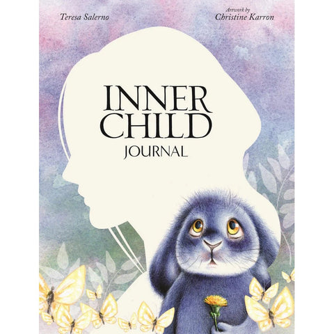 Dienoraštis "Inner Child" su pasteliniu akvarelės viršeliu, vaikų silueto profiliu ir kiškiu, laikomu gėlės žiedu