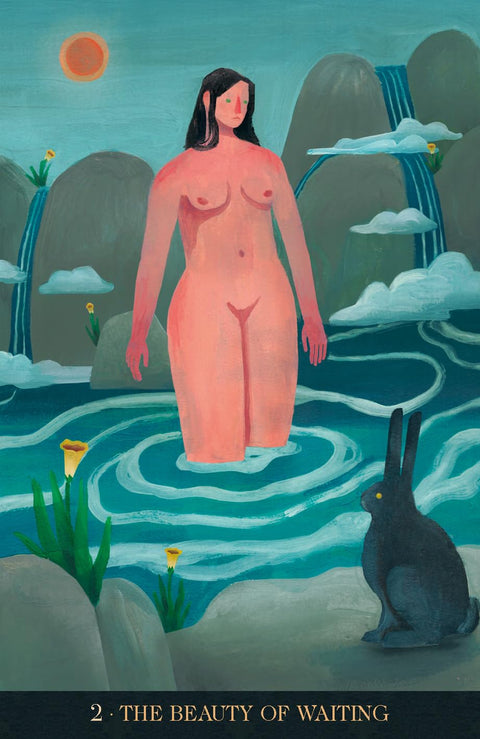 tarot korta The Beauty of Waiting: rožinė nuoga figūra stovinti vandenyje prie krioklio, juodas triušis žiūri iš kranto
