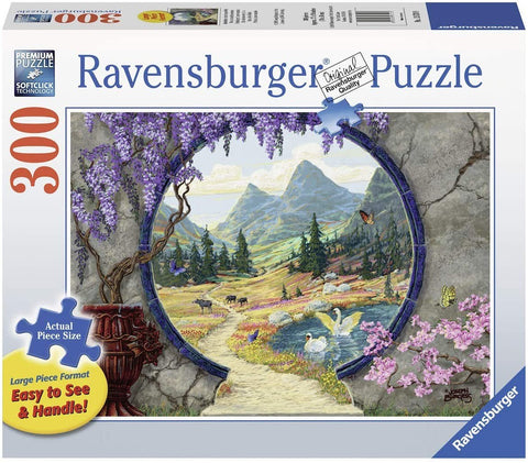 Dėlionė Ravensburger 300 dalių, dėžės priekinis dizainas: apvalus langas į miškingą slėnį su gulbėmis ir vijokliais