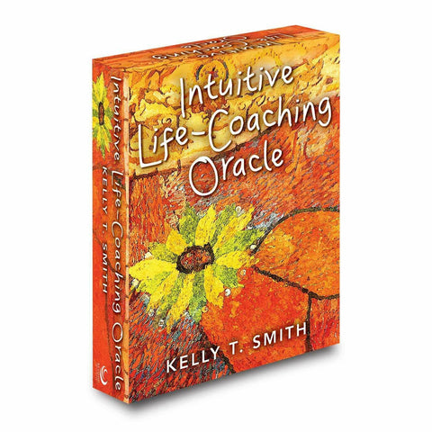 Orakulo kortos Intuitive Life‑Coaching Kelly T. Smith, oranžinė dėžutė su saulėgrąža, pasvirusiu priekiu ir matoma nugarėle